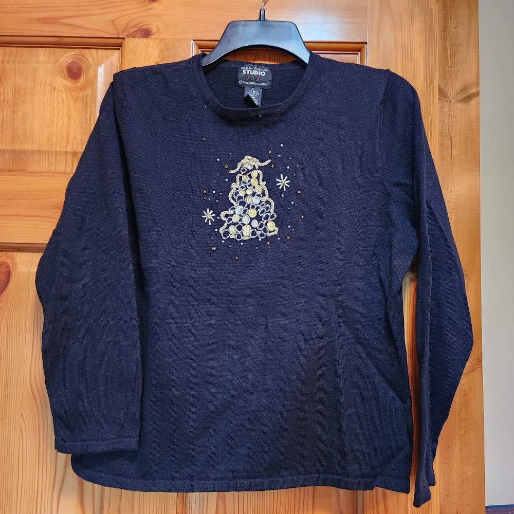Designers Original Studio Joy Sweater Black with Embellished Motif, Size L